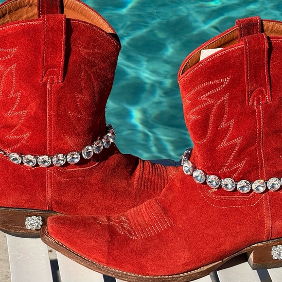 Dan Post Shoes - Christmas Red, Dan Post, Red Suede Cowboy Boots with Rhinestone Accents, size 10
